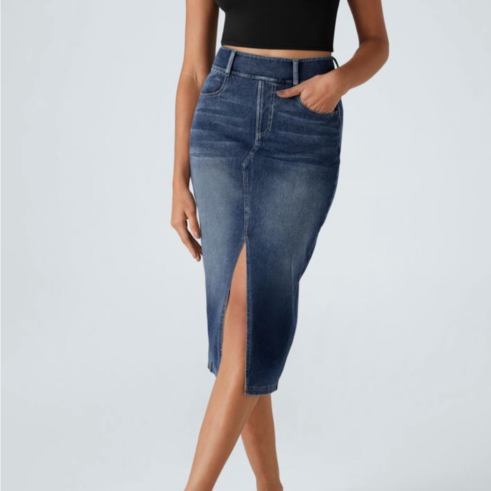 Halara Flex High Waisted Bodycon Washed Denim Midi Skirt XL